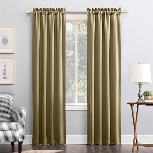 Image of THE LINEN COMPANY Room Darkening Rod Pocket Curtain 5 Feet, Thermal Blackout Window Panel with Noise Reduction, Beige