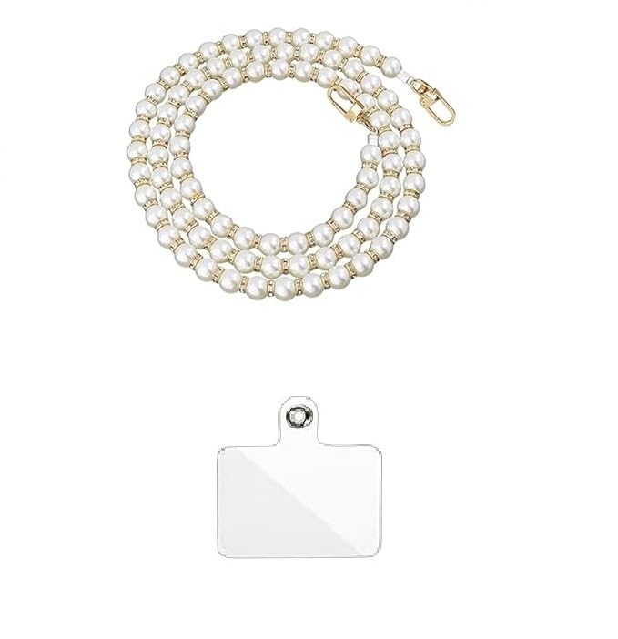 Image of KHOLAD White Bow Phone Chain Crossbody Pearl Strap | 2in1 Wrist & Shouler Crossbody Lanyard | Pearl Beads Charms Chain with Phone Tether Patches | Compatible with Most Phones, Bag, Purse