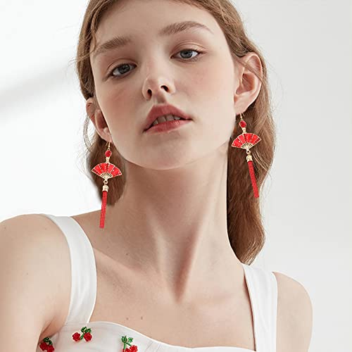Red Fan Tassel Earrings Chinese for Women Japanese Ethnic Drop Cloud Aesthetic Hanging Dangle Jewelry Stud Earrings3