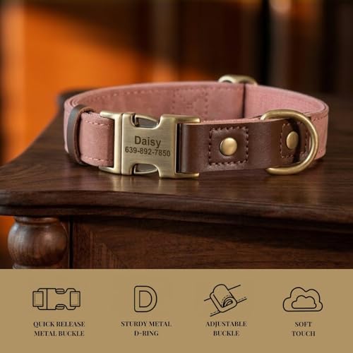 Image of Personalized PU Leather Dog Collars, Quick Release Buckle, Pink,L