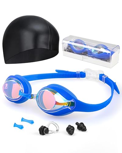 Hurdilen Zwembril voor kinderen van 3-14 jaar met badmuts, anti-condens, anti-uv, lekvrij (blauw)