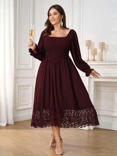 Women's Plus Size Maxi Dress Long Sleeve Square Neck Smocked Flowy A-Line Lace Trim Wedding Guest Dresses3