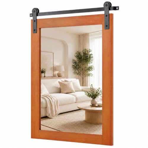 Tangkula Rustic Farmhouse Wall Mirror, 22 x 30 Inch, Barn Door Style with Wood Frame & Metal...