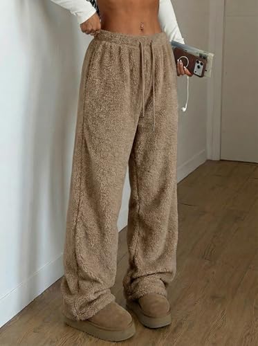 Image of ZAFUL Women's Fuzzy Plush Pajama Pants Wide Leg Pj Bottoms Lounge Pants