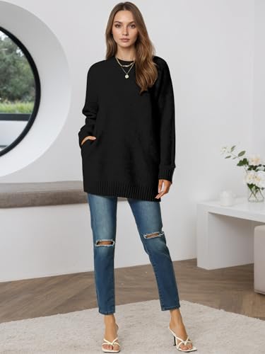 Image of Seta T Women's Sweaters Long Sleeve Crewneck Cozy Oversized Sweater Loose Fit Tunic Tops with Pockets