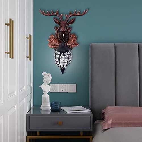 TFCFL Deer Head Wall Sconces Rustic Deer Wall Light Antler Wall Sconce Lighting Deer Head Crystal Wall Lamp with Antler and Crystal for Hallway Stairs Bedside Bedroom