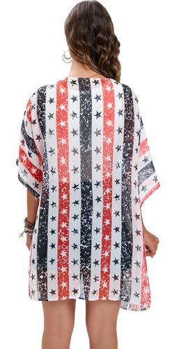 Image of DDSOL Women's American Flag Kimono Cover up Beachwear Cardigan Loose Tops Shirt Blouse