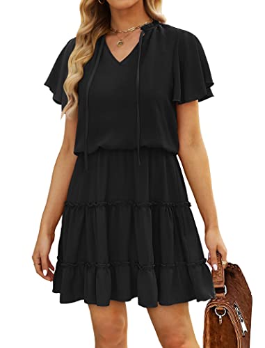 Sampeel Summer Dresses For Women Chiffon Ruffle Sleeve Dress Business Casual Outfits Black M #TOP2
