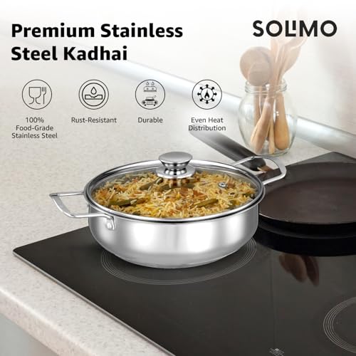 Image of Amazon Brand Solimo - Stainless Steel Induction Bottom Kadhai with Glass Lid 22 Cm