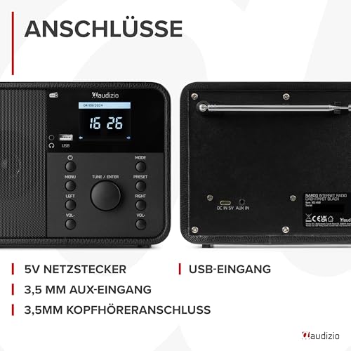 Audizio Nardo - Internetradio WLAN und DAB Radio mit Bluetooth, 40 Watt Lautsprecher, FM & UKW, Auto-Suchlauf, 250 Speicherplätze, Fernbedienung, Wecker, Sleeptimer, USB, DAB+ Küchenradio - Schwarz – Bild 6