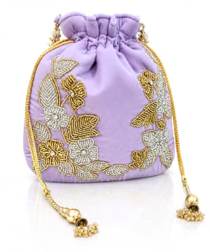Image of Velvet Potli Bag with Golden & Silver Beaded Flower Embroidery - Handcrafted Ethnic Drawstring Bag for Weddings, Parties & Festive Gifts - Beaded Handle & Tassels for Women