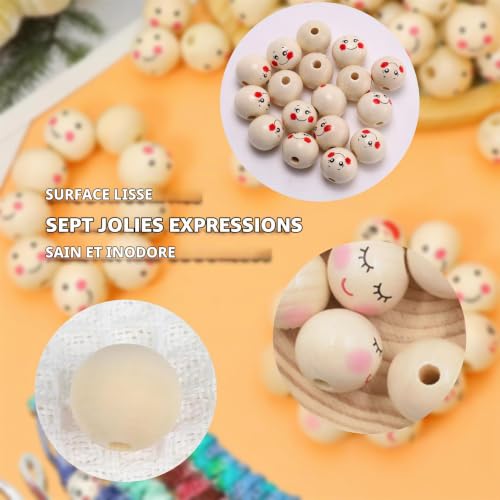 Zrfgbxim 70 Pièces Perle en Bois avec Visage Souriant, 20mm, 7 Styles, Boule Ronde Naturelle pour Fabrication de Bracelets, Colliers, Macramé – vue 3