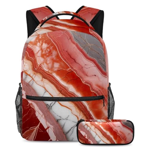 Sac à dos et trousse marbre rouge pour ados et enfants