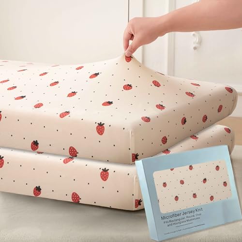Image of SDY Jersey Strawberry Crib Sheets for Baby Girls,52”x28”x8, 2 Pack,Pink Cute Kawaii Standard Oval/Retangle Fitted Crib Sheets for Toddler,Super Soft Breathable