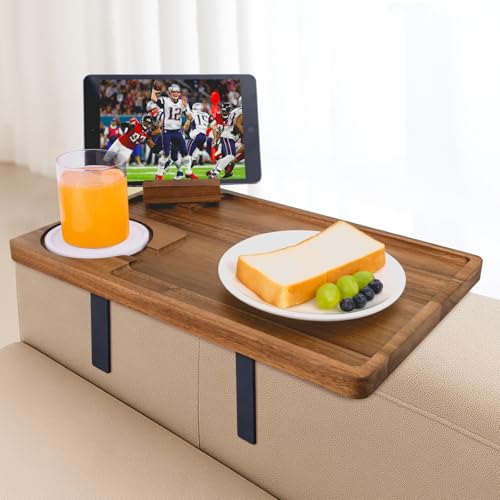 Hitseon Couch Armrest Table, Acacia Wood Sofa Arm Tray with Adjustable Metal Clamp, Sofa TV Tray with Rotating Phone Holder for Snacks Drink Remotes, Include White Coaster