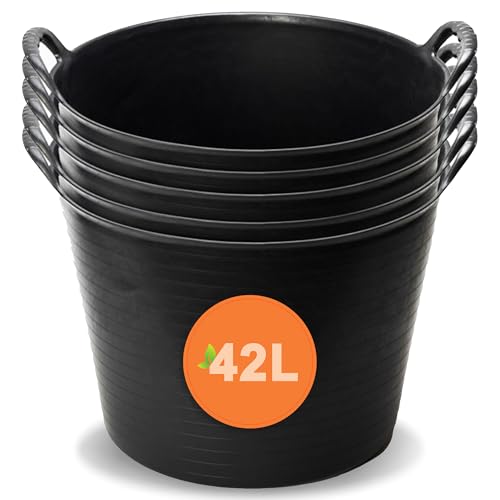 EarlyGrow 42L Flexi Tub with Handles - Pack of 5 - Large Plastic Storage Container for Garden Waste & Building Materials - Robust Stackable Bucket for Home, Car, Washing & DIY Projects