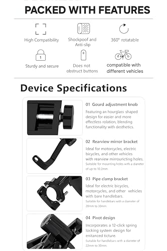 Image of C01 Aluminium Mobile Phone Holder Mount for Motorcycle Bike,360 Rotating Handlebar for 3.5 to 7 inch Smartphones(Black)
