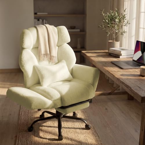 Image of Office Chair with Flip Armrests,Big and Tall Office Chair with Foot Rest,Extra Wide Seat & Lumbar Pillow,Ergonomic Computer Gaming Chair,Comfy Criss Cross Chair for Pets Sitting,Teddy Fleece,Yellow