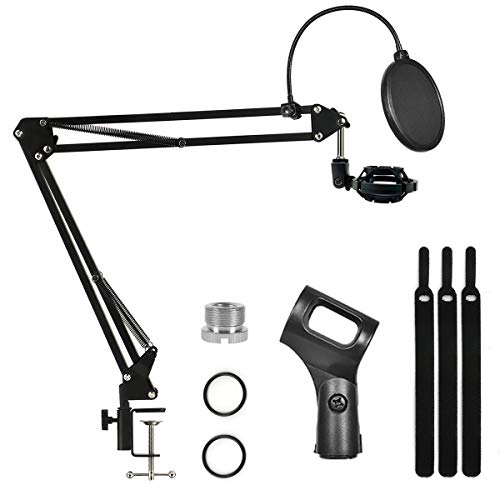 RUICHUANG Desktop Microphone Stand, Suspension Boom Scissor Mic Stand With 3/8"to 5/8" Screw Adapter Shock Mount Windscreen Pop Filter Mic Clip Holder Cable Ties for Microphones (RC09)