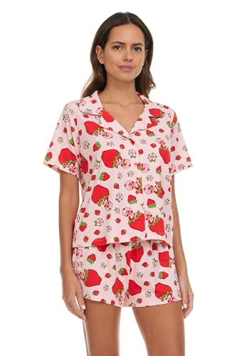 Strawberry Shortcake Women’s Pajama Set, Soft Stretchy Pajama Shorts & Short Sleeve,Notch Collar,Button Down Top