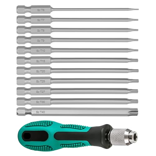 BEASAFY 12 Pièces Tournevis Torx, 100 mm Embout Visseuse Long avec Poignée, T6-T40 Acier S2 Magnétiques Embouts Torx Jeu de Tournevis, 1/4' Tige Hexagonale Tournevis Etoile avec Trou