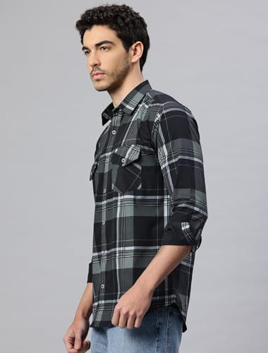 Image of Majestic Man Men's Pure Cotton Cargo Checks Shirt with Dual Flap Pockets - Slim Fit | Full Sleeve | Casual Wear | Trendy & Comfortable