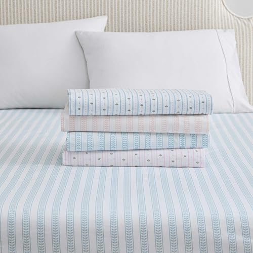 Image of Martha Stewart - Queen Size Sheet Set, Crisp & Tailored Sheets with a Smooth Cotton Percale Feel - Floral Bed Sheets with Matching Pillowcases & Fitted Sheet (Floral Stripe Blue)