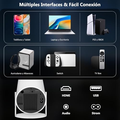 Mini Proyector con Bluetooth, Soporte 4K 130" Pantalla Cine Proyector con Enfoque Automático & Keystone, 5G+2.4G WiFi 6 Conexión, 180° Visión Giratoria Dar Cine en Casa, Laptop, Smartphone