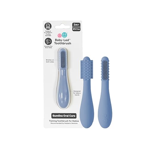 Image of ezpz Baby-Led Toothbrush (Indigo) - 3 Months + - 100% Silicone Infant Toothbrush with Sensory Bumps - Cleans Gums + New Teeth - Improves Hand-to-Mouth Coordination, Self-Feeding Skills