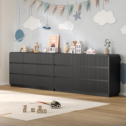 Image of BORNOON Dresser for Bedroom with 9 Drawers, Fluted Chest of Drawers with Round Curved Corner, Hidden Handles, Modern Wood Storage Organizer for Bedroom, Nursery, Living Room