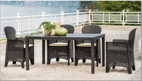 Tavolo da Esterno Portici, Ripiano Rettangolare da Pranzo, Tavolo da Giardino Multiuso Effetto Rattan, 100% Made in Italy, 150x90h72 cm, Antracite