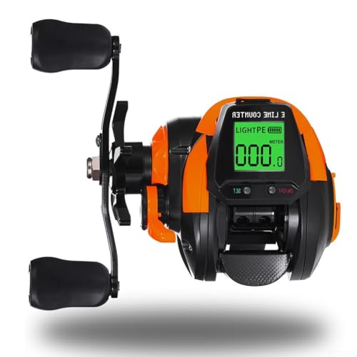 HEBEOT Carrete de pesca digital, carrete de pesca eléctrico con pantalla digital, rueda de cebo recargable recargable (naranja mano izquierda)