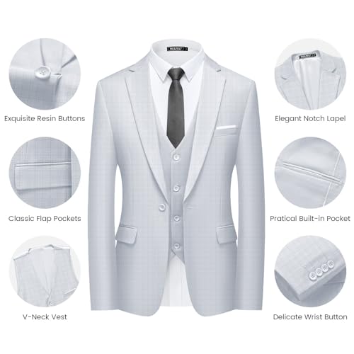 Image of WULFUL Men's Slim Fit Suit One Button 3-Piece Blazer Dress Business Wedding Party Jacket Vest & Pant