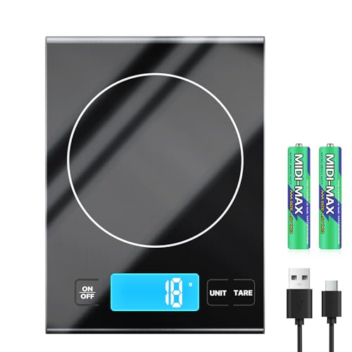 Rechargeable Digital Kitchen Scales Diyife 1g/15kg Food Weighing Scales with Large Backlit Lcd Display [5 Units] Three-Button Stainless Steel Electric Scales Multifunction for Baking Cooking Black