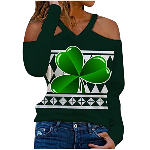 St. Patrick's Day Cold Shoulder Shirts for Womens Sexy Cutout V-Neck Halter Tunic Tops Shamrocks Print Long Sleeve Blouse D-Green St. Patrick's Day Cold Shoulder Shirts for Womens Sexy Cutout V-Neck Halter Tunic Tops Shamrocks Print Long Sleeve Blouse D-Green