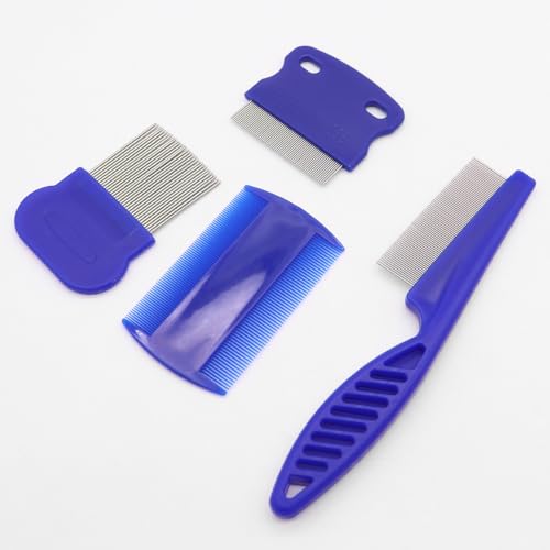 Image of Pet Flea Lice Comb Grooming Kit, 4 Pieces, Dense Toothed Comb for Lice and Fleas Removal, Dematting Tool for Small, Medium & Large Pets,Blue