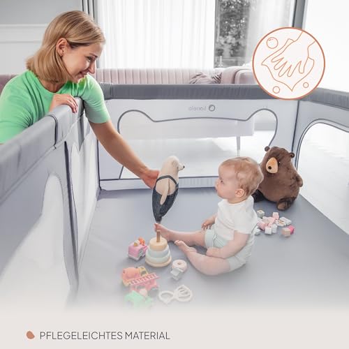 LIONELO WILLOW Laufgitter Baby, ab 0-48 Monaten große Fläche 120 cm x 180 cm x 68 cm mit Seitenwände aus atmungsaktiven, strapazierfähigem Netzstoff, 2 Seitliche Eingänge mit einem Reißverschluss