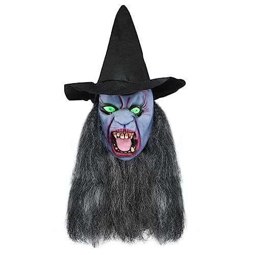 Halloween Old Woman Witch Mask With Hair and Hat, Full Head Wizard Horror Latex Mask With Hoodie - Image 2