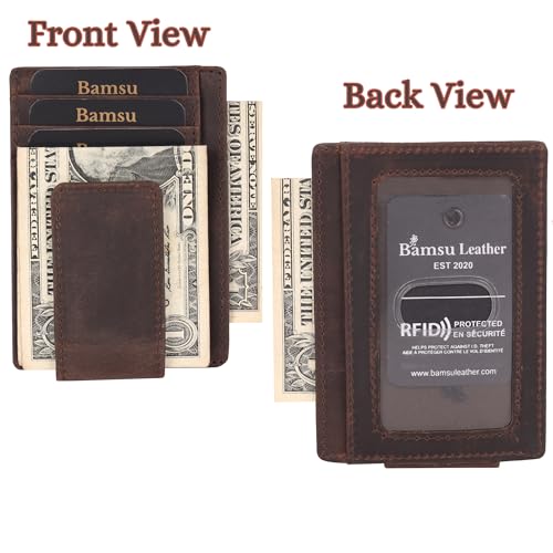 Image of Brown Slim Money Clip Wallet for Men - Full-Grain Cowhide Leather, Strong Magnetic Clip, Front Pocket Card Holder, Minimalist Design