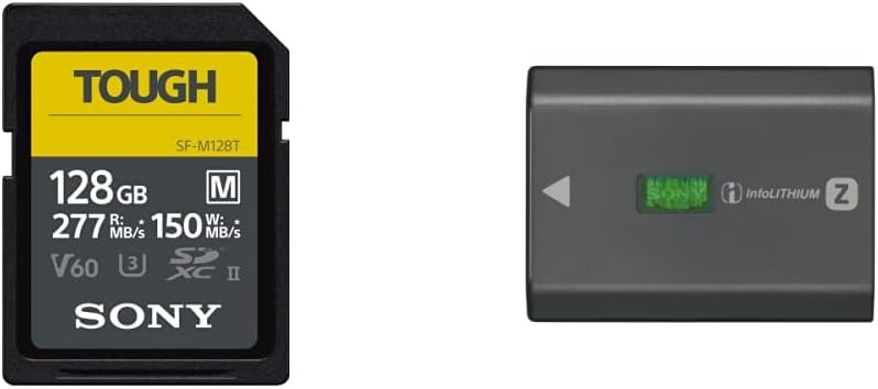 Sony Tough-M Series SDXC UHS-II Card 128GB, V60, CL10, U3, Max R277MB/S, W150MB/S (SF-M128T/T1) & NPFZ100 Z-Series Rechargeable Battery Pack for Alpha A7 III, A7R III, A9 Digital Cameras Black