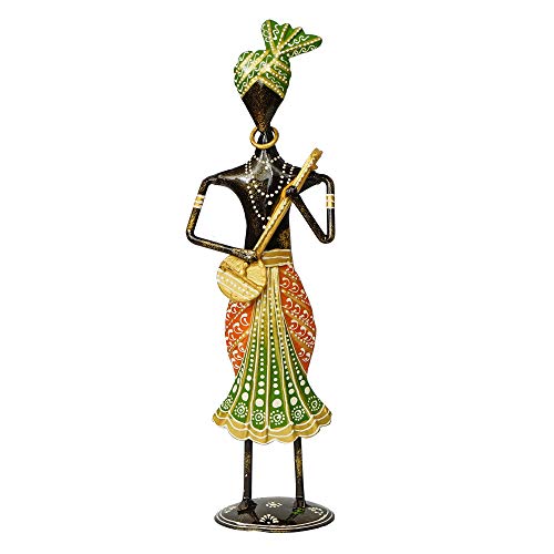 Image of eCraftIndia Tribal Iron Men's Playing Musical Instrument Dholak Decorative Showpiece, Green, Orange and Black, one Size (IRLADY513)