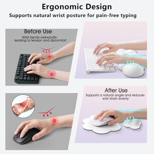 Image of Sushret Cloud Wrist Rest for Computer Keyboard and Mouse Pad Set, White | Memory Foam, Leather, 4-in-1 Cloud Keyboard Wrist Rest Set with Ergonomic Support for Arm and Palm Cushion, Gaming /Work Setup