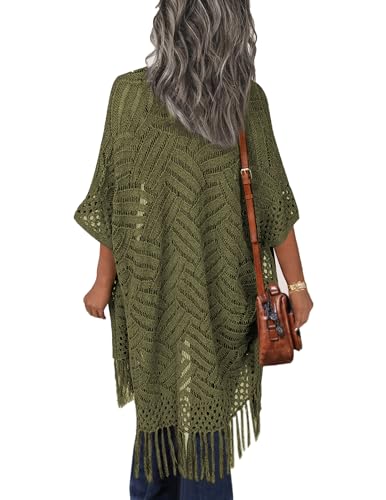 Image of HOTOUCH Womens Knit Cardigan Hollow Out Crochet Lightweight Kimonos Sweater | Open Front Cardigans with Tassel, Short Sleeve Boho Cardigan Sweaters, Beach Coverups, Spring Summer Clothes, Vacation Outfit