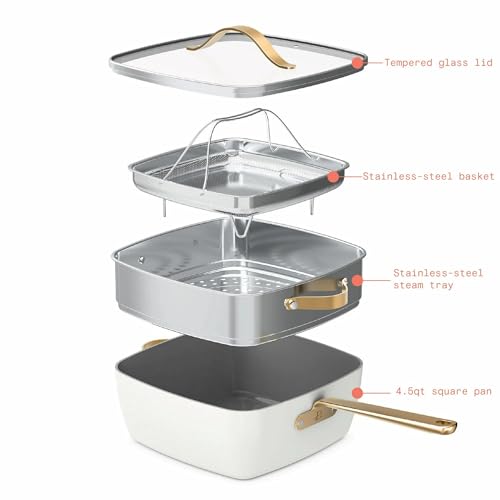 Beautiful by Drew Barrymore 4 Piece 4.5qt Ceramic Non-Stick Square Pan Cookware Set, White Icing, Oven Safe, Induction Compatible, Soft Touch Handles, PFOA-Free, Kitchen Essentials, Cookware Gift Set - Image 4