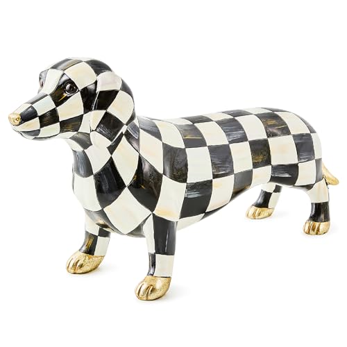 Image of MACKENZIE-CHILDS Dog Figurine, Decorative Resin Dog Statue, Black-and-White Courtly Check Dachshund