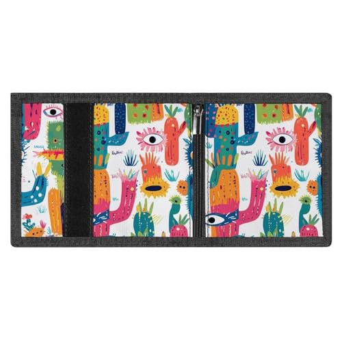 Mexican Cactus Devil Eyes Trifold Wallets for Men Women Ultra Thin Card Holder Purse with Zip Coin Pocket4