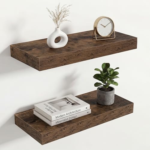 Image of Acovy 16in Long Floating Shelves for Wall Set of 2, Wood Wall Shelves for Bathroom Bedroom Kitchen Living Room Laundry Room, Modern Floating Shelf for Home Decor