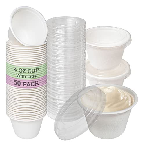 EcoQuality 4 Oz Compostable Portion Cups with Lids - Condiment Souffle Cups with Lid - Biodegradable Sauce Cups - Disposable Sample Cups, Slime, Jello Shot Cups, Food Storage, Takeout, Dressing (150)
