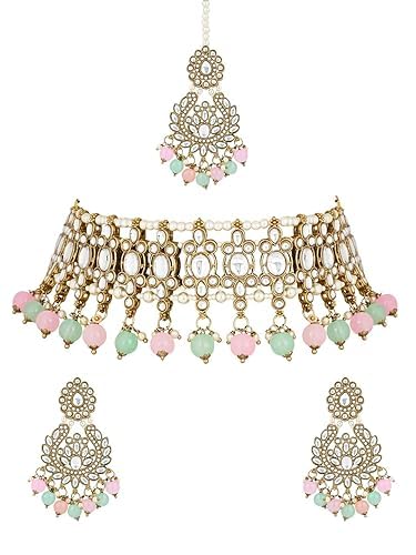 Image of I Jewels Gold Plated Traditional Kundan Pearl Drop Choker Necklace Jewellery With Earrings & Maang Tikka Set For Women /Girls