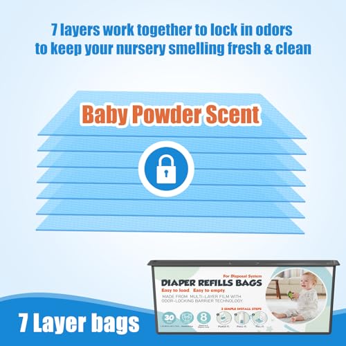 Image of Diaper Pail Refills Bags with 30 Bags (Baby Powder Scent) Compatible with Genie Easy Roll Signature and Platinum Diaper Pails, 7-Layer Odor-Barrier Technology 2 Pack (60 Bag)